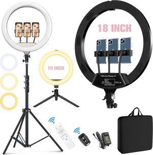 18+10 Ring Light, 2PCS Led Ring Light Kit for iPhone with Tripod Stand and 3 Phone Holders, Adjustable 2700-6500K, Selfie Ring Light with Remote for TikTok, YouTube, Camera, Video, Live Stream