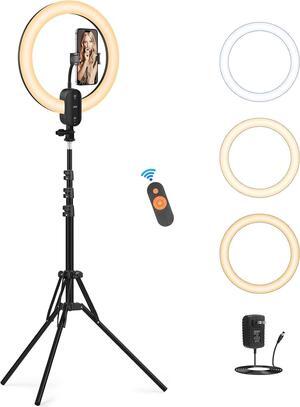 Selfie Ring Light with 63" Tripod Stand/Phone Holder, QEUOOIY 20W LED Circle Lights Dimmable 3000-6500K with Remote Control and Built-in Rechargeable Battery for Vlog, Makeup, YouTube, Camera