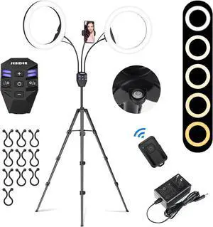 Dual 10" LED Ring Light with Tripod Stand & Phone Holder, Selfie Circle Lights with 5 Light Modes (2700-6500K)&12 Brightness Compatible for Makeup/Photography/TikTok/YouTube/Live Stream