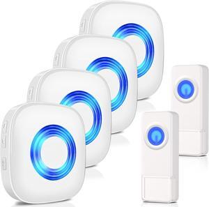 Wireless Doorbell, PHYSEN Waterproof Door bell Chime Kit Operating at 1300-ft Range 58 Adjustable Melodies 5 Volume Levels & LED Flash, Doorbell Alarm for Home/Classroom, 2 Push Buttons+4 Receivers