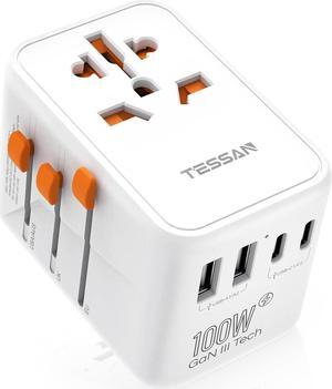100W GaN Universal Travel Adapter, TESSAN International Power Adapter with 5 USB(3 USB C) Charging Ports, Travel Adapter Worldwide for US to European Europe UK AUS Ireland(Type C/G/A/I)