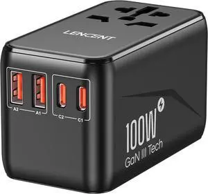 Universal Travel Adapter, 100W GaN3 International Adaptor with 2 QC4.0 USB-A+2 PD3.0 Type-C PPS Fast Charging, Worldwide Wall Charger for iPhone,,Laptop, Plug Adapter USA/UK/EU/AU Black