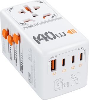 140W GaN Universal Travel Adapter, TESSAN International Plug Adaptor with 1 USB A and 3 USB C Charging Ports, Worldwide Power Outlet for US to Europe UK AUS Ireland(Type C/G/A/I)