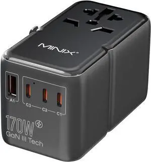 170W Universal Travel Adapter GaN III Travel Adapter Worldwide with 3 USB-C & 1 USB-A Ports, International Power Adapter Compatible with US/UK/EU/AU for Laptops, Tablets, Phones, Cameras