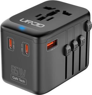 Universal Travel Adapter - GaN 65W Fast Charger - 3 USB C & 1 USB A Ports & AC Outlets International Power Adapter - High Power Worldwide Travel Plug Adaptor for Europe UK US AUS (Type C/G/A/I)