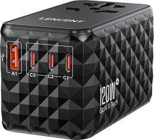 120W International Travel Adapter, GaN Universal Travel Adapter with 1 USB-A & 3 Type C Power Adapter, Fast Charger for Phone,Laptops, Worldwide Plug Adapter for USA/UK/EU/AUS, Black