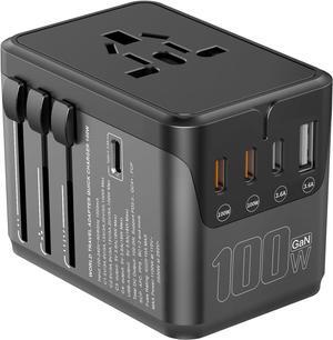 Universal Travel Adapter, 120w GaN International Plug Adapter with 100W C to C Cable, 4 PD USB-C+1 USB-A Travel Power Adapter, EU/UK/AU/US Worldwide Power Outlet for Laptops, Tablets, Phones