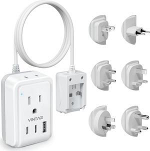 Universal Travel Adapter Kit, 5ft Detachable Extension Cord with 2 AC Outlets & 3 USB(2 USB C), Type A/C/G/D/I/M International Power Adaptor for US to Europe UK India South Africa Japan