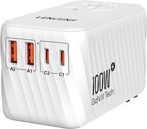 Universal Travel Adapter, 100W GaN International Fast Charger with 2 PD3.0 Type C+2 QC USB A, Worldwide Power Adaptor for Phones,Laptops, All in One Travel Essentials for EU/USA/UK/AU, White