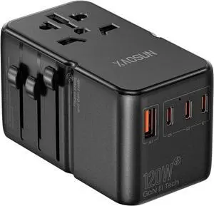 Universal Travel Adapter, 120W GaN Travel Plug Adapter, International Charger AC Plug Adapter 3 Type-C & 1 USB-A, Worldwide Travel for Most Europe EU US UK AU JP