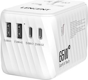 International Travel Adapter, 65W GaN3 Universal Fast Charger with 2 USB A + 3 Type C PD, Worldwide Power Adaptor for Phones,Laptops, All in One Travel Essentials for EU/USA/UK/AU, White