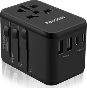 Universal Travel Adapter, PD 65W GaN Fast-Charging All in One Adapter with 2 USB-C & 2 USB-A Ports, Worldwide AC Outlet for EU/UK/AUS/Ireland Plugs, Essential for Travel, 100-250V, Black