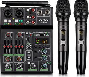 Professional Audio Mixer, 4 Channel Sound Mixer With Dual Wireless Mic, Sound Board Console MP3 Bluetooth 48V Phantom Power USB Interface DJ Mixing for Home Karaoke Party Computer Studio Recording