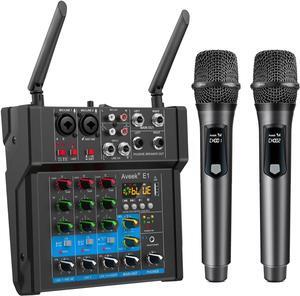 150W x2 Powered Amplifier Audio Mixer,4 Channel With Dual Wireless Mic Sound Board Console MP3 Digital USB Bluetooth Computer Input 48V Phantom Power Stereo DJ Mixing for Karaoke Party