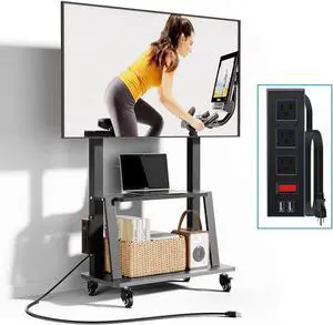 Rolling TV Stand with Power Outlet, Mobile TV Cart with Wheels for 32 to 65 70 75 83 inch TV, Portable TV Stand with Shelf,Hight Adjustable,Holds up to 150LBS, Vesa 600×500mm.