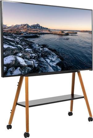 Rolling Artistic Easel 49 to 75 inch LED LCD Screen Mobile Studio TV Display Stand, Wood Accessory Shelf, Adjustable TV Mount with 4 Walnut Legs, Black Frame, STAND-TV75R