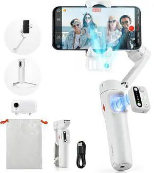 V3 Gimbal Stabilizer for iPhone, Phone Gimbal with Magnetic AI Tracker, Built-in Extension Rod, Tripod, Fill Light, Phone Stabilizer for Video Recording, YouTube, White