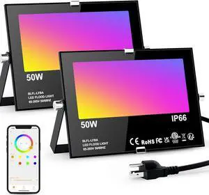LED Flood Lights RGB Color Changing 500W Equivalent, Outdoor RGBW Bluetooth Smart Floodlights APP Control,IP66 Waterproof, Timing, 2700K&16 Million Colors 23 Modes for Stage Landscape Lighting 2 Pack