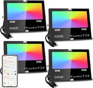 LED Flood Light Outdoor, 500W Equivalent 5000LM Smart RGB Landscape Lighting with APP Control, DIY Scenes - Timing - Warm White 2700K - Color Changing Uplight, IP66 Waterproof US Plug (4 Pack)