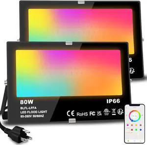 LED Flood Light Outdoor 800W Equivalent 8000LM Smart RGB Landscape Lighting with APP Control, DIY Scenes - Timing - Warm White 2700K - Color Changing Uplight, IP66 Waterproof US Plug (2Pack)