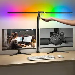 Double Swing Arm Desk Lamp - Led Desk Lamp with Clamp24W Ultra Bright Auto Dimming Desk Light with RGB Atmosphere Lighting, Multi-Angle Adjustment, Touch Control Table Lamp