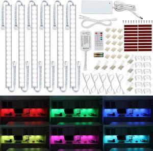 Under Cabinet LED Lights Kit.RGB Color Changing & Super Bright White Lighting. Dimmable with Remote. 6 pcs Linkable LED Light Strips with Power Supply, Extension Cords. Plug in. Max 24W. RGB + 5000K.