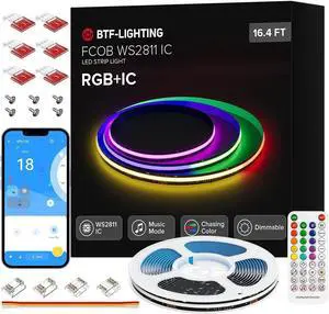 FCOB WS2811 IC RGB COB LED Strip 16.4FT Chasing Color Tape Light Kit DC12V 630LED/m 10mm Width Dream Color Bluetooth Sync Music Controller for Bedroom, Party, Christmas Decor Black PCB