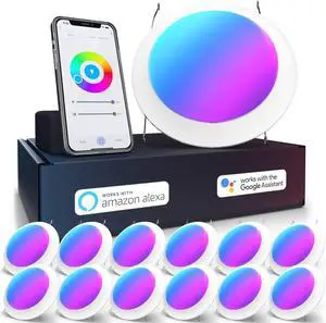 12 Pack 5/6 Inch Smart Disk LED Flush Mount Ceiling Recessed Can Light for Living Room, Bedroom, App Controlled Compatible with Alexa and Google, Dimmable, 15W, RGB+5000K Daylight, 1200 LM ETL