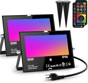 LED Flood Light Outdoor RGB Stage Lights Color Changing 500W Equivalent 2700k Warm White 5000LM(Remote Control, 120 Colors Strobe, Dimmable, Timing, US 3-Plug) Wall Wash Landscape Spotlight 2 Pack