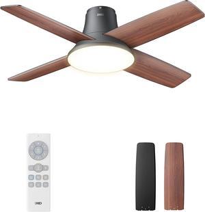 Ceiling Fans with Lights and Remote Control, 44 inch Low Profile Ceiling Fan, Flush Mount, Reversible, 5CCT, 6-Level Dimmable, 6 Speeds Ceiling Fan for Bedroom, Quiet, Easy to Install, Timer