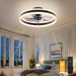 Fandelier Ceiling Fans with Lights and Remote, 15.7in Low Profile Ceiling Fan Flush Mount, 3000K-6500K Dimmable Bladeless LED Fan Light, Black Modern Ceiling Fans with Lights for Bedroom