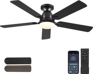 Ceiling Fans with Lights- 52" Low Profile Indoor Ceiling Fan with Light and Remote/APP Control, Flush Mount, LED Dimmable DC Reversible Modern Ceiling Fan for BedroomBlack