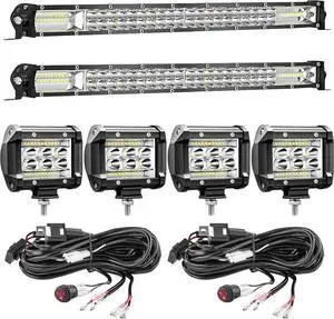 LED Light Bar Kits, (2) 20 Inch Slim LED Light Bars, (4) 4 Inch LED Light Pods, (2) Wiring Harness, 12V 24V Car Truck ATV Tractor LED Work Lights, Waterproof Car Off Road Driving Lights