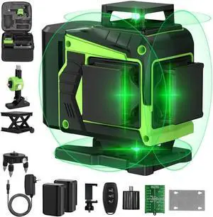 16 Line Laser Level 360 Self Leveling, 4x360°Professional 4D Green Cross Line laser Level for Construction and Picture Hanging with 2 Batteries, Adjustable brightness & Remote Control