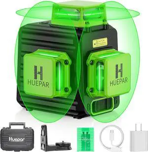 Laser Level 360 Self Leveling, 3 x 360° High Brightness Cross Line Laser for Construction and Picture Hanging, 12 Green Laser Level Tool with 5200 mAh Rechargeable Battery & Hard Carry Case