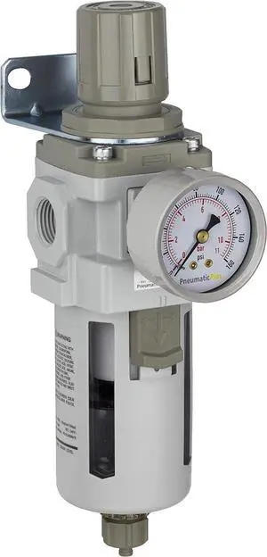 SAW400-N04BG Compressed Air Filter Regulator Piggyback Combo 1/2" NPT - Poly Bowl, Manual Drain, Bracket, Gauge