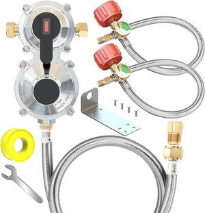 2-Stage Auto Changeover LP Propane Gas Regulator with 48'Stainless Braided Regulator Hose Assemblies and Two 18"RV Pigtail Propane Hoses with Gauge Dual Propane Tank Regulator for RVs, Trailers,Campe