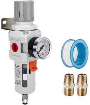 3/4" NPT Compressed Air Filter Regulator Combo Piggyback, 5 Micron Brass Element, Poly Bowl, Semi-Auto Drain, Metal Bracket, 0-150 psi Gauge