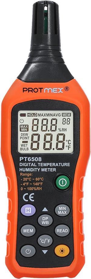 PT6508 Temperature Humidity Meter, Digital Thermometer Hygrometer Monitor with Ambient, Dew Point, Wet Bulb for Indoor/Outdoor MIN, MAX, Data Hold, LCD Backlight
