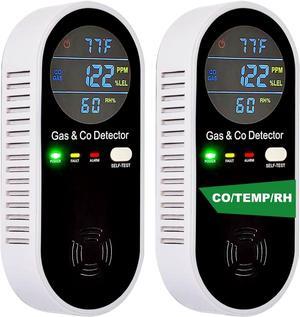 Monoxide Detectors Plug in Wall, 2 Pack 4-in-1 Rechargeable CO & Gas Temperature & Humidity Sensor Built-in, with LCD Sound & Light Warning for Home/Hotel/RV
