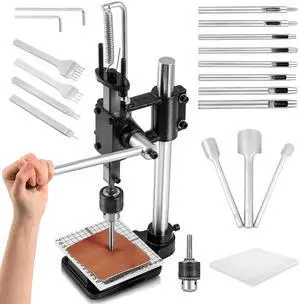 Leather Hole Puncher, Manual Press Puncher Hand Punching Machine for Leather Craft Arbor Press for Leather Work with Punch Tools Chuck, Plastic Plate and Punches