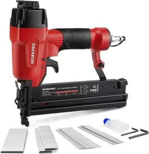 Pneumatic Brad Nailer, 18 GA, 2 in 1 Nail Gun and Crown Stapler, with 400pcs Nails/ 300pcs Staples, for Carpentry, DIY Project, Woodworking