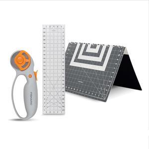 Rotary Cutter 3-Piece Set - 45mm Blade Rotary Cutter for Fabric, Self Healing Cutting Mat, and Sewing Ruler - Craft Supplies - White/Gray