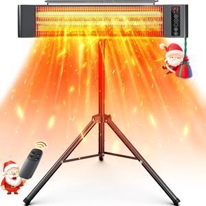 Outdoor Heaters, 1s Heating Electric Infrared Patio Heaters with Remote, 12H Timer, 3 Heat Levels, IP65 Waterproof, Electric Wall Heaters with Tripod Stand for Home, Office, Patio and Garage