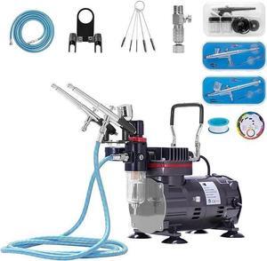 Airbrush Kit with 1/5 HP Air Compressor and 3 Dual Action Professional Airbrush Gun, Gravity and Siphon Feed, Quiet Air Brush Paint Set with Holder, Color Wheel, Cleaning Brush, 2 Cup