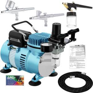 Airbrush Cool Runner II Dual Fan Air Compressor Airbrushing System Kit with 3 Professional Airbrush Sets, 0.2, 0.3 mm Gravity & 0.8 mm Siphon Feed - Hose, Holder, How To Airbrush Learning Guide