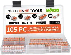 221 Lever-Nuts 105pc Wire Connector Assortment with Case. Includes (45x) 221-412, (24x) 221-413, (16x) 221-415, (20x) 221-2401