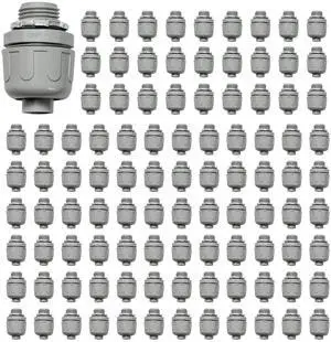 Conduit Connectors, 1/2 Inch Liquid Tight Connector NPT Non-Metallic for PVC Electrical Flexible Conduit Fittings, 180 Degree Straight, UL Listed for Home Outdoor Tubes Tools, Grey (100-Pack)