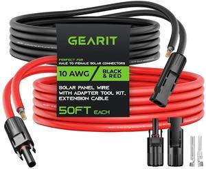 10AWG Solar Extension Cable (50FT Black - 50Ft Red) Male to Female Solar Connectors with Adapter Tool Kit, Solar Panel Renewable Energy, 10 Gauge Pure Copper Extension Cord, 50 Feet