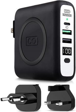 P3 Pandora Portable Power Bank for iPhone & Android - 3-in-1 FastCharge Wireless Charger - Charger for USB C & USB 2.0 Cables - W/Global Adapters - Travel Essentials - Midnight Black